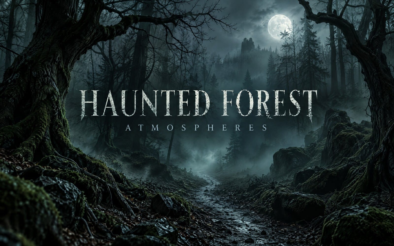 Haunted forest horror sound effects cover with foggy moonlit trees and misty path