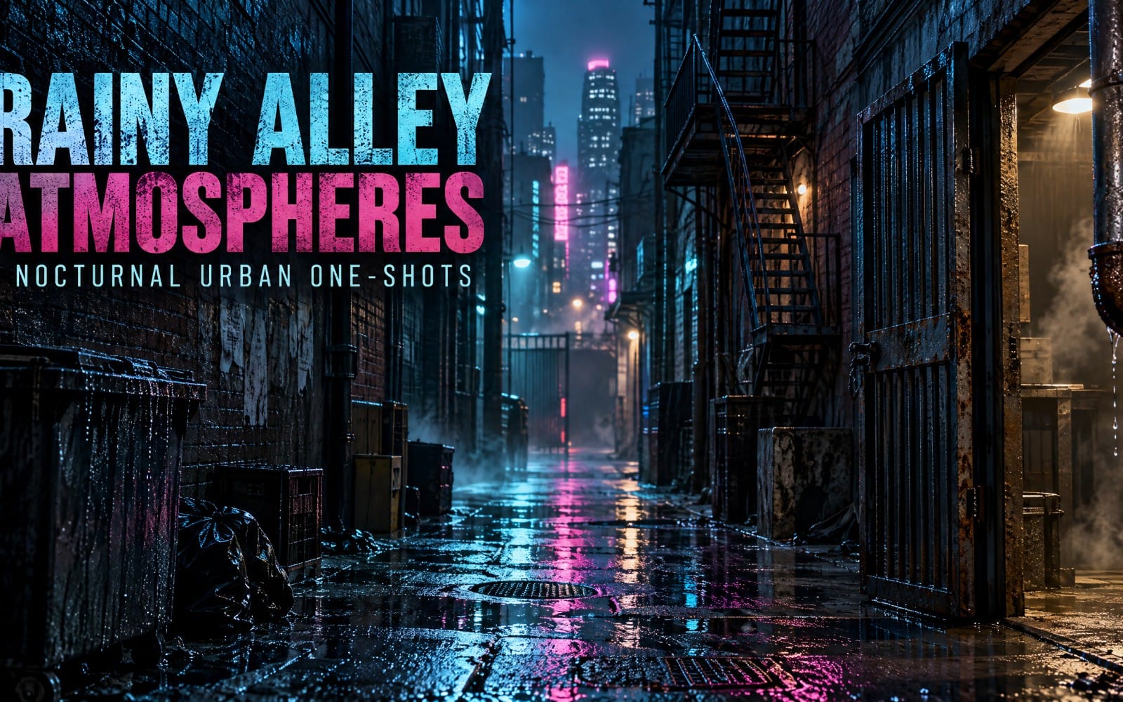 Neon rainy city alley with puddles and fire escape, Rainy Alley Atmospheres urban SFX title graphic