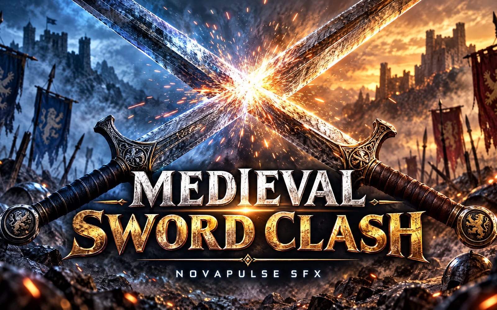 Medieval sword clash sound effect banner with two crossed steel swords and fiery sparks in a castle battlefield