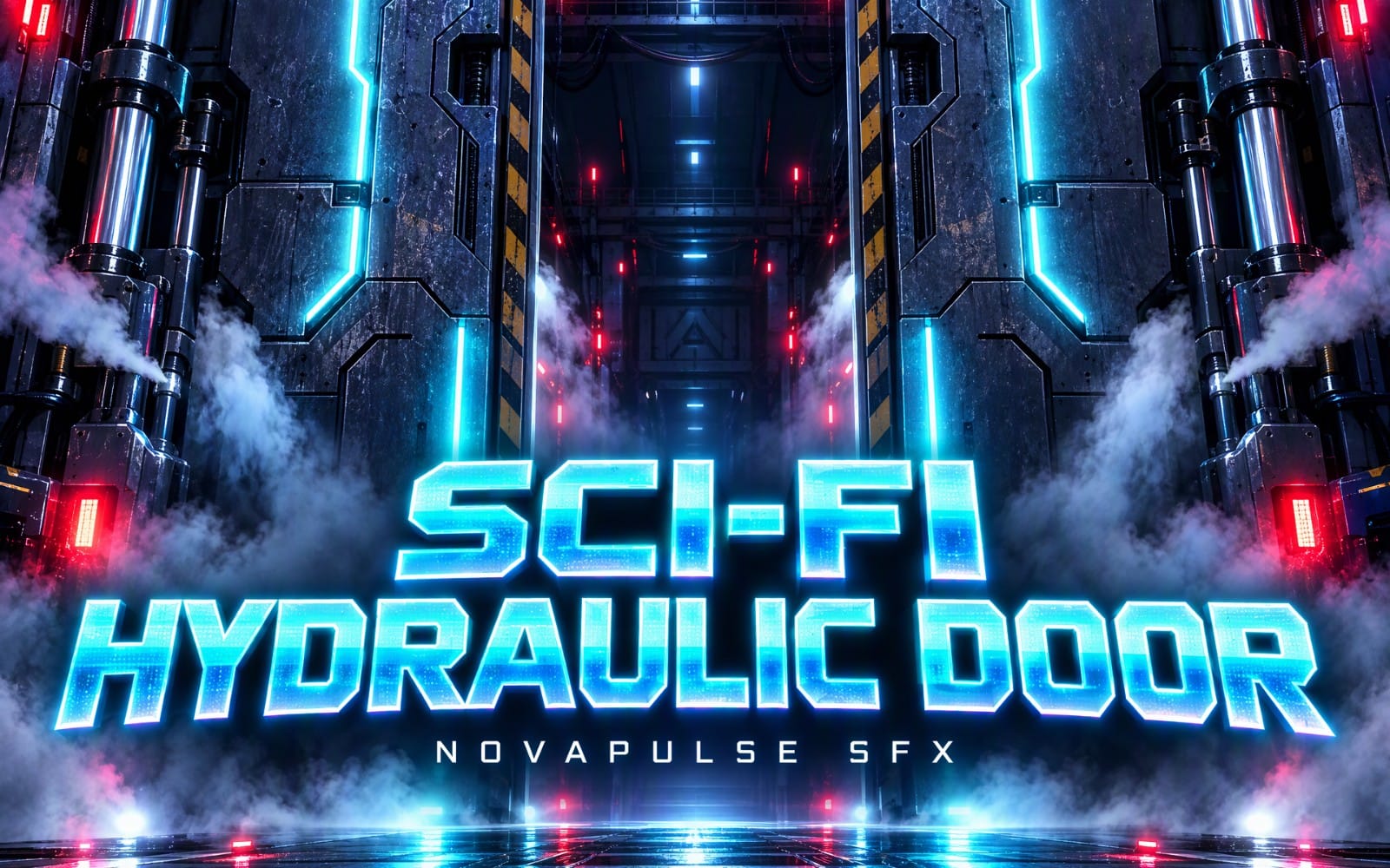 Sci‑fi hydraulic hangar door sound effect cover art with neon blue lights, industrial panels, and steam clouds