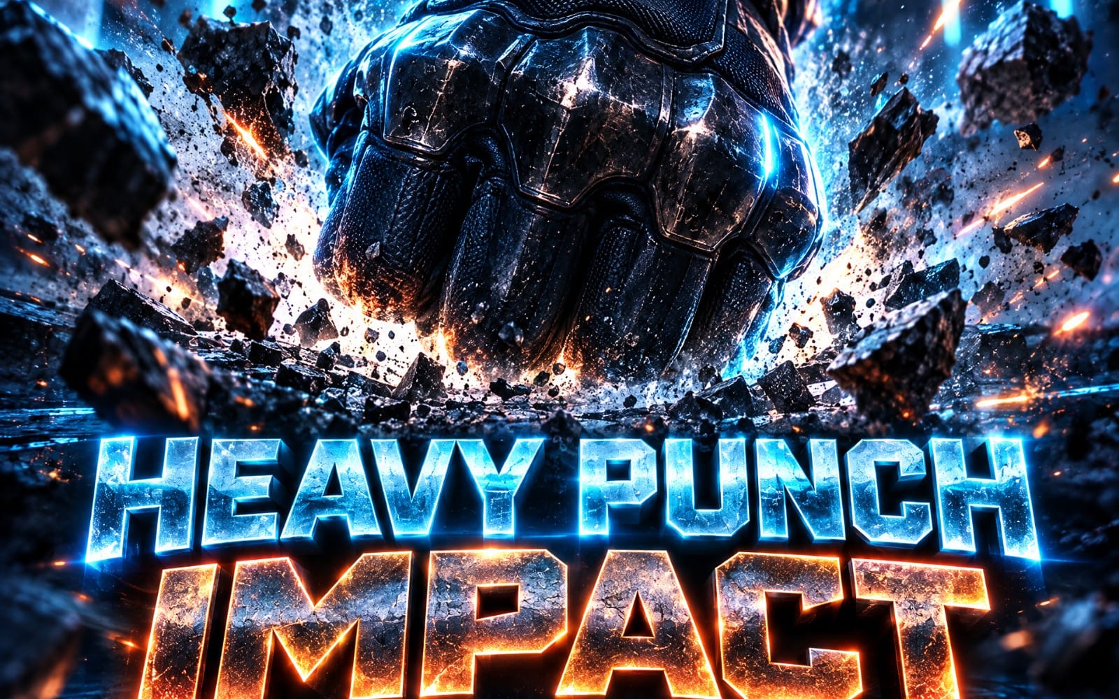 Futuristic boxing glove breaking through debris with fiery sparks, promotional cover for cinematic combat impact SFX