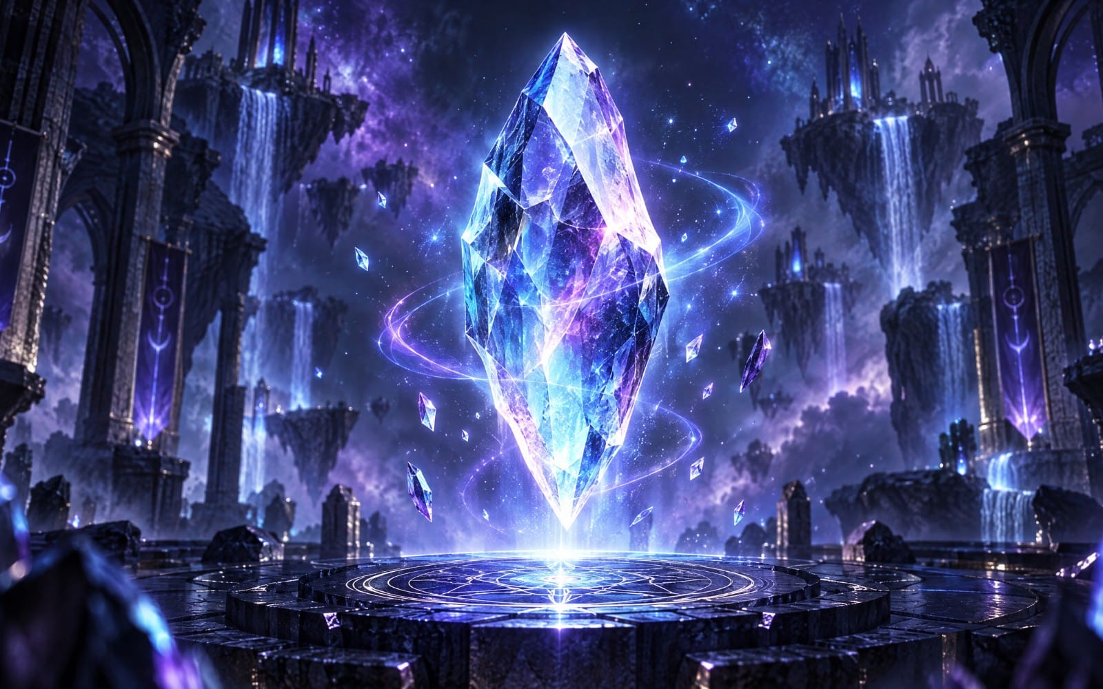 Futuristic fantasy crystal magic portal scene with glowing blue gem, sparks, and ruined castle for one-shot RPG content