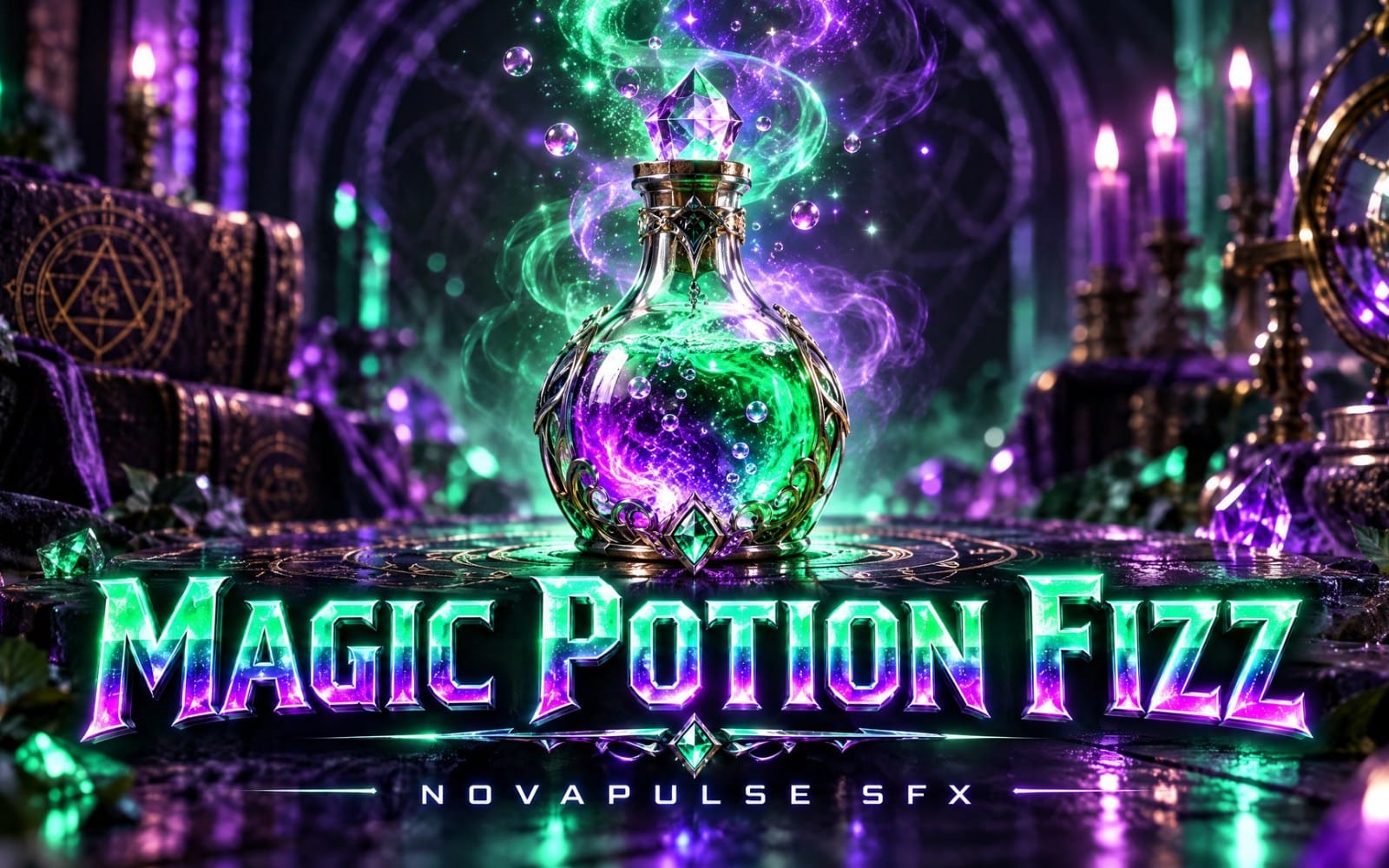 Glowing potion bottle with bubbles and sparkles in a fantasy wizard chamber, Magic Potion Fizz sound effect product art