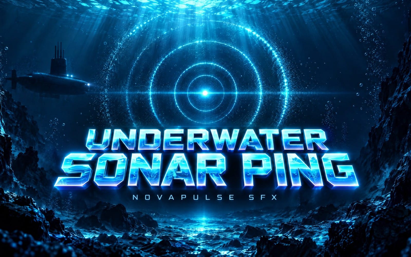 Underwater sonar ping sound effects banner for deep ocean games and film, with submarine and glowing radar arcs