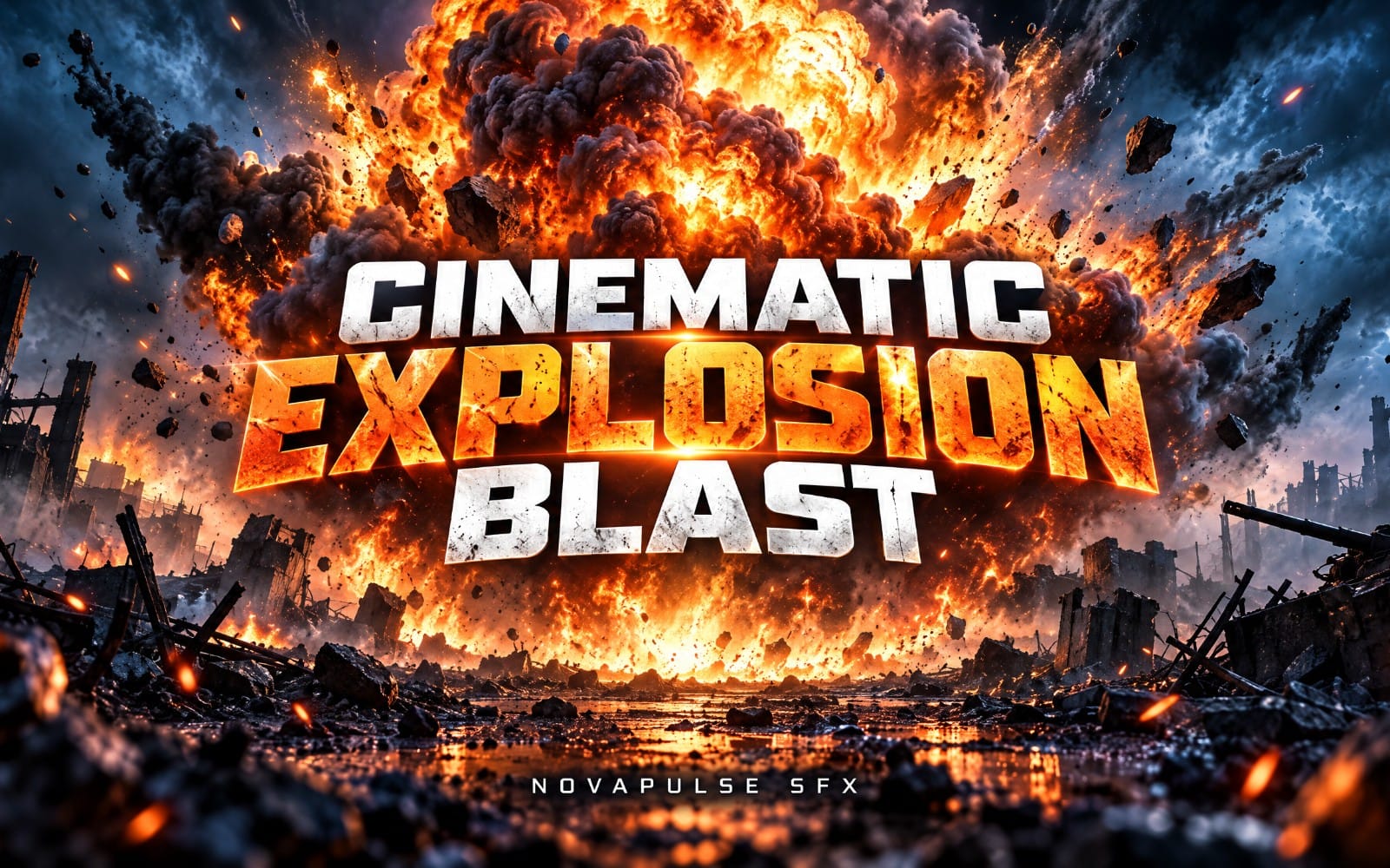 Cinematic explosion sound effect banner with fiery blast and debris over a ruined battlefield background