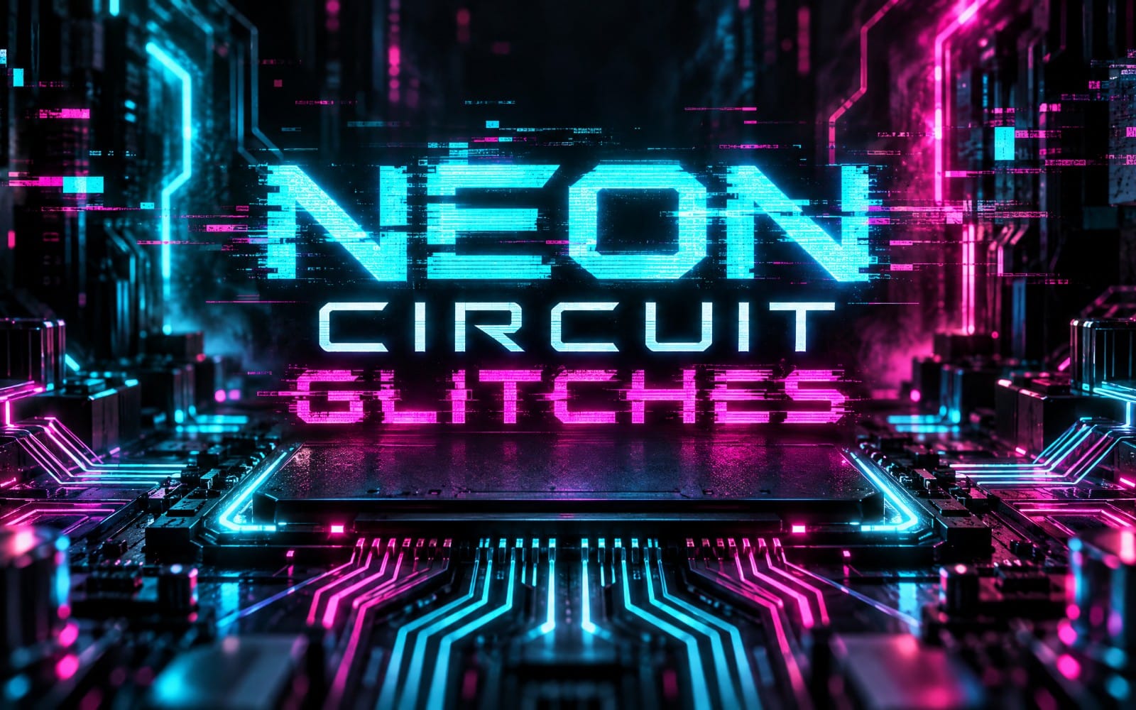Neon cyber circuit background with glitchy circuit lettering for futuristic SFX sound pack