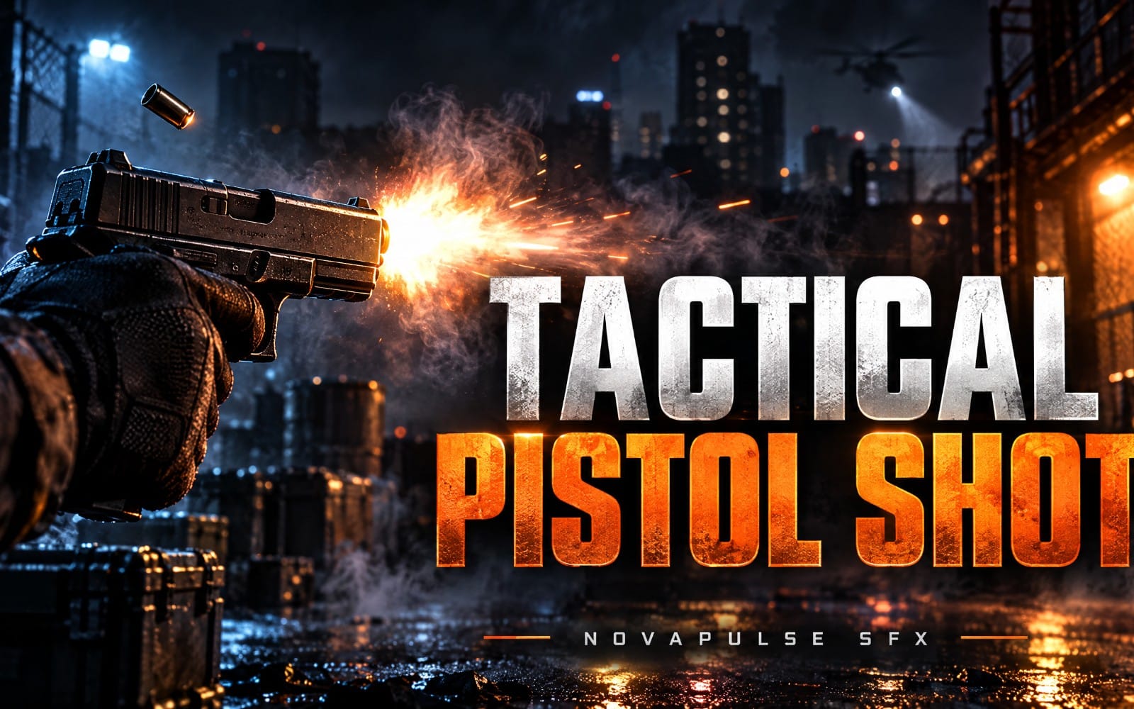 Tactical pistol shot sound effect banner with a gun firing in a smoky city at night and bold text Tactical Pistol Shot