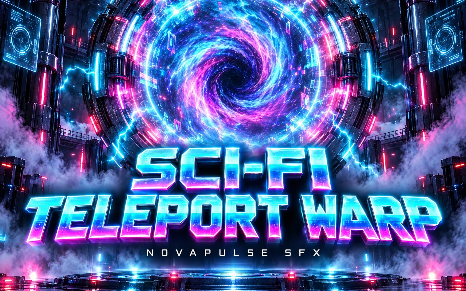 Futuristic sci-fi teleport warp sound effect artwork with glowing portal vortex, neon machinery, and title text