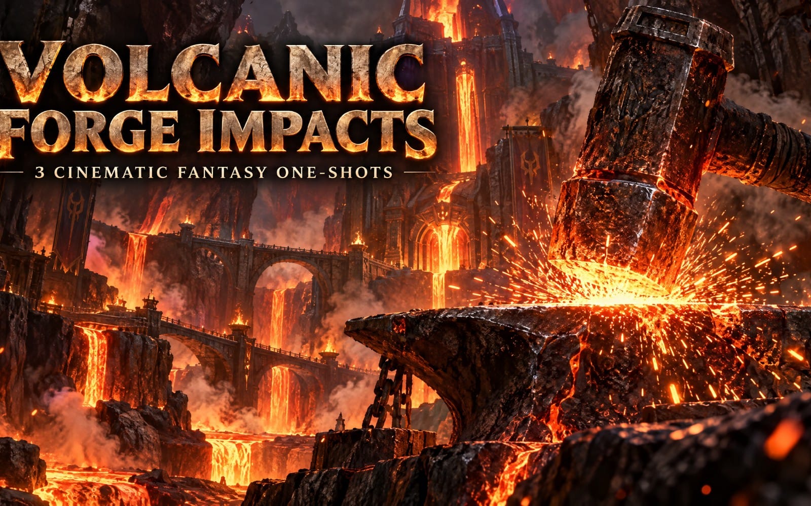 Fantasy SFX pack cover with a volcanic forge impact, fiery explosion sparks and molten lava in a burning castle