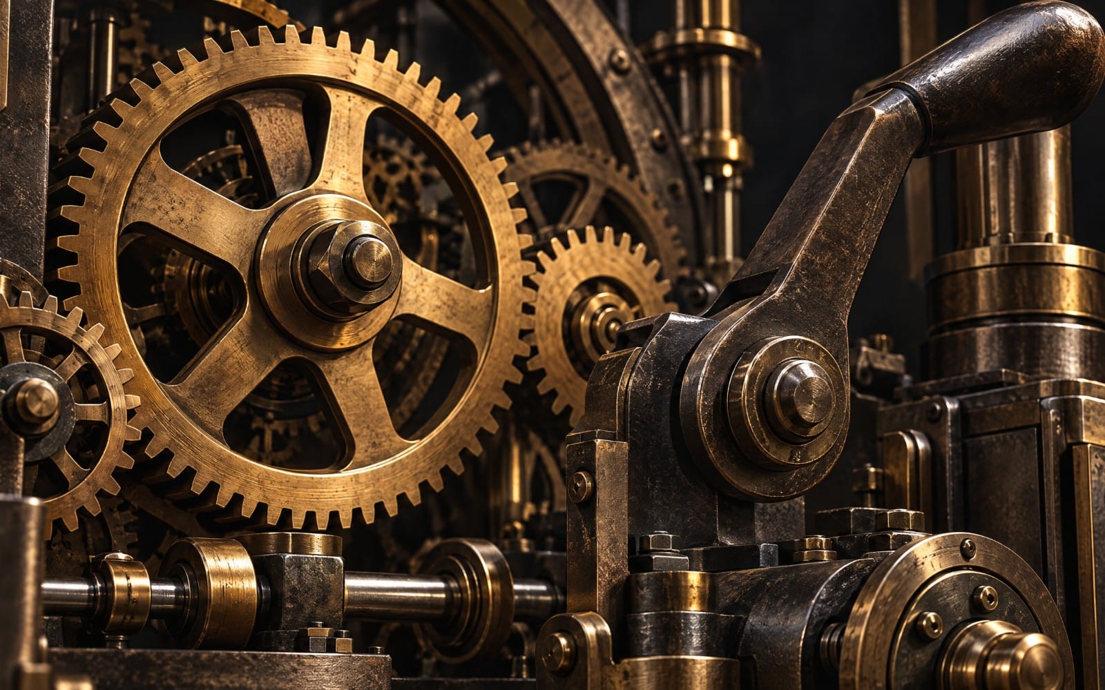 Bronze clockwork mechanism with large gears and levers, mechanical fantasy one-shot illustration