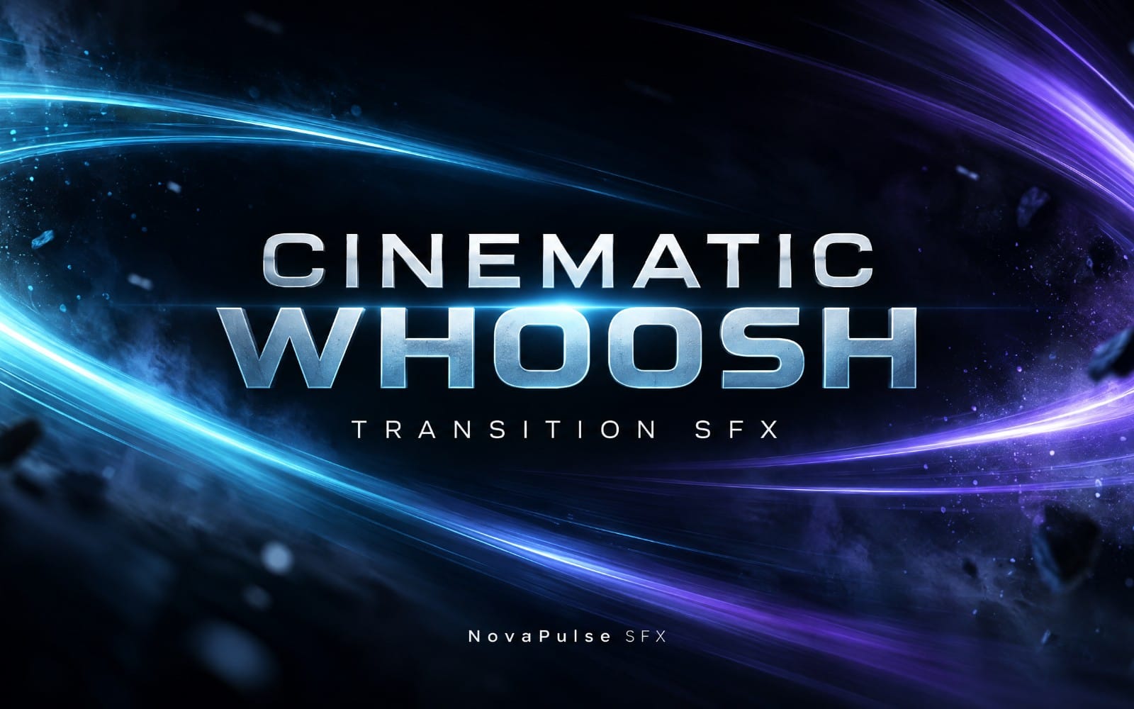 Cinematic whoosh transition SFX banner with glowing blue space light trails and bold text