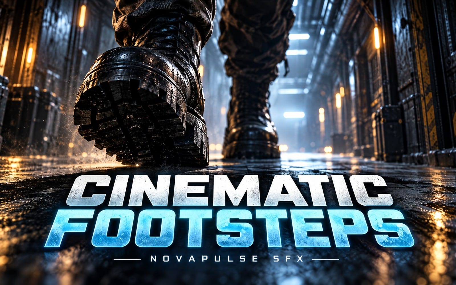 Close-up of muddy boots stomping on wet concrete in a cinematic city alley, concrete footsteps sound effect promo
