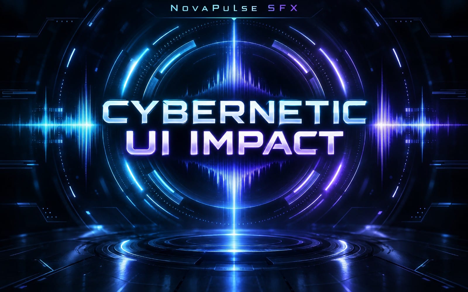 Futuristic cybernetic UI sound effect cover with neon holographic rings and blue waveform impact graphics