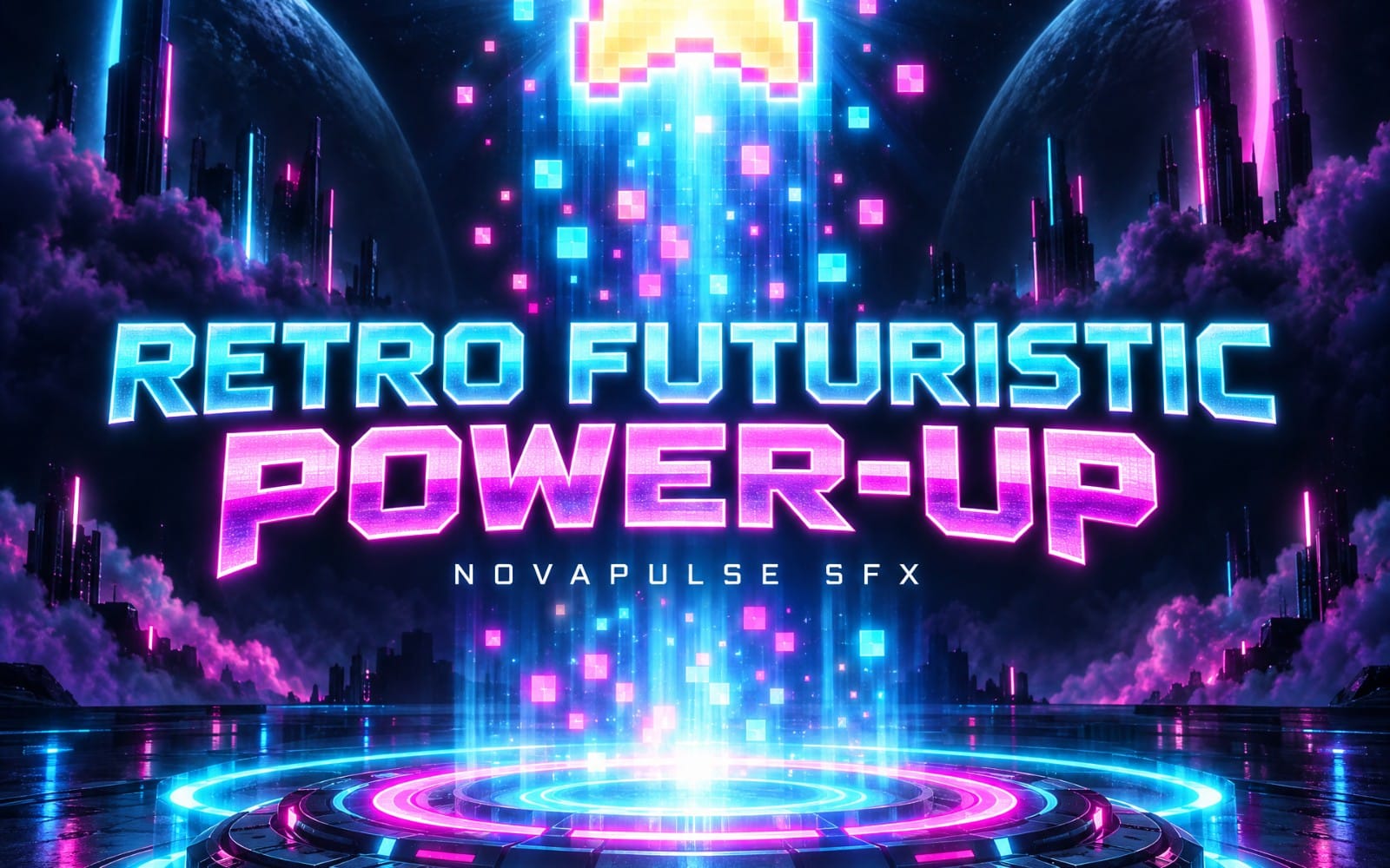 Retro futuristic power-up arcade reward sound effect cover art with glowing neon city and pixel blocks
