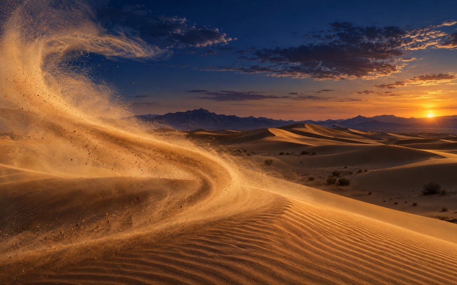 Desert sand dunes at sunset with wind-blown dust, wide landscape backdrop for Desert Winds One-Shots