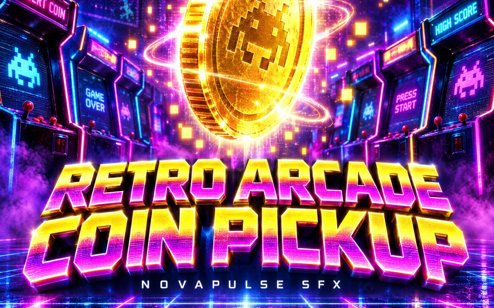 Neon retro arcade coin pickup sound effect cover art with pixel graphics and glowing game reward coin