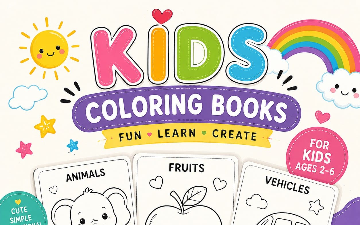 Kids coloring books cover with KIDS lettering, clouds, rainbow, and small cards for animals fruits and vehicles