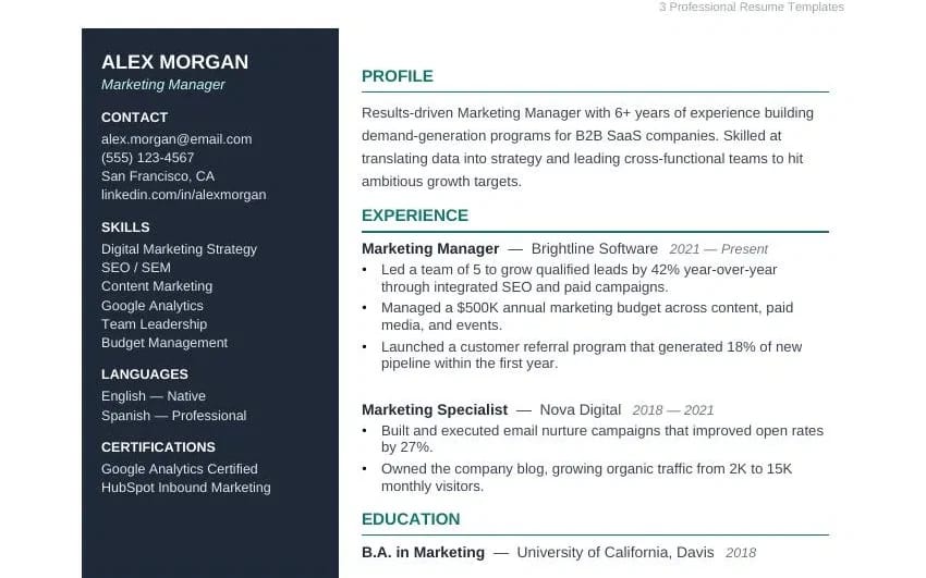 Three professional resume templates preview with a dark and light layout showing sections like profile, experience, and