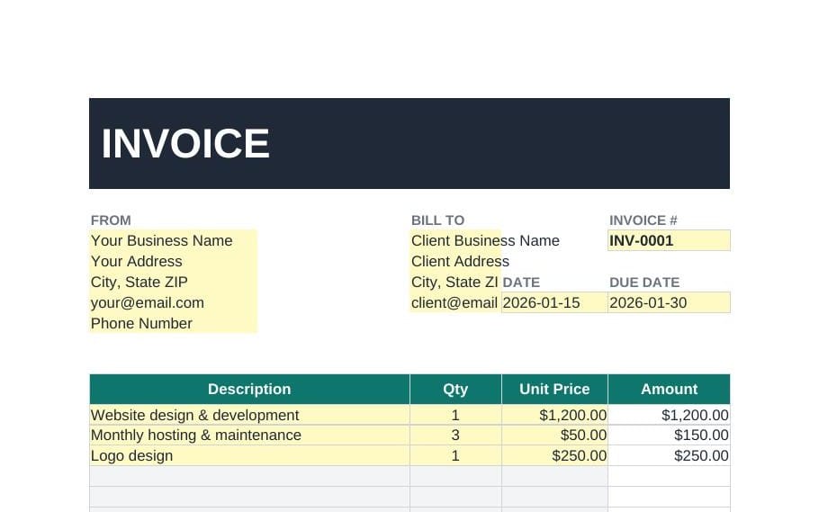Professional invoice template layout with fields for sender, recipient, invoice number, due date, and itemized charges