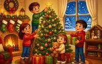 Christmas-themed coloring book cover page featuring children and the nativity scene in a warm indoor setting printable