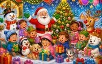 Christmas themed digital coloring book set cover with Santa, elves, toys, and festive characters, printable PDF combo