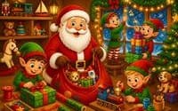 Printable PDF coloring book cover featuring Santa Claus and elves in a festive toy workshop with Christmas lights