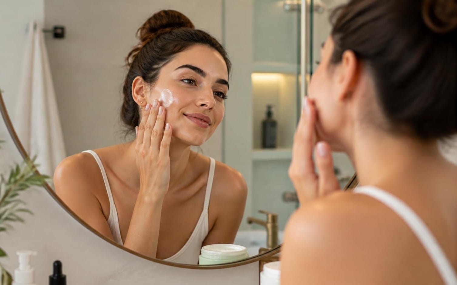 Woman applying skincare cream in a bathroom mirror, promoting an ageless skin and hair nutrition ebook
