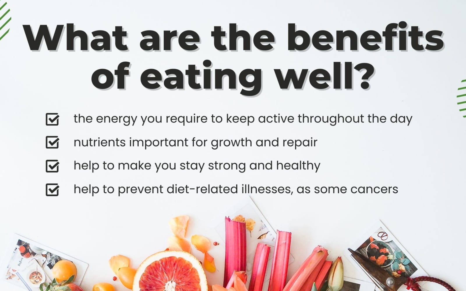 Clean eating nutrition guide cover slide with checklist text about benefits of eating well and fresh produce graphics