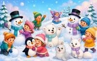 Christmas-themed magical coloring book PDF cover with cartoon animals and children building snowmen and snow forts