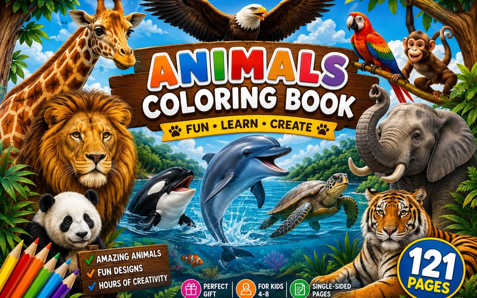 Kids animal coloring book cover with lions, giraffe, dolphin, turtle, elephant, parrot, and crayons text 121 pages
