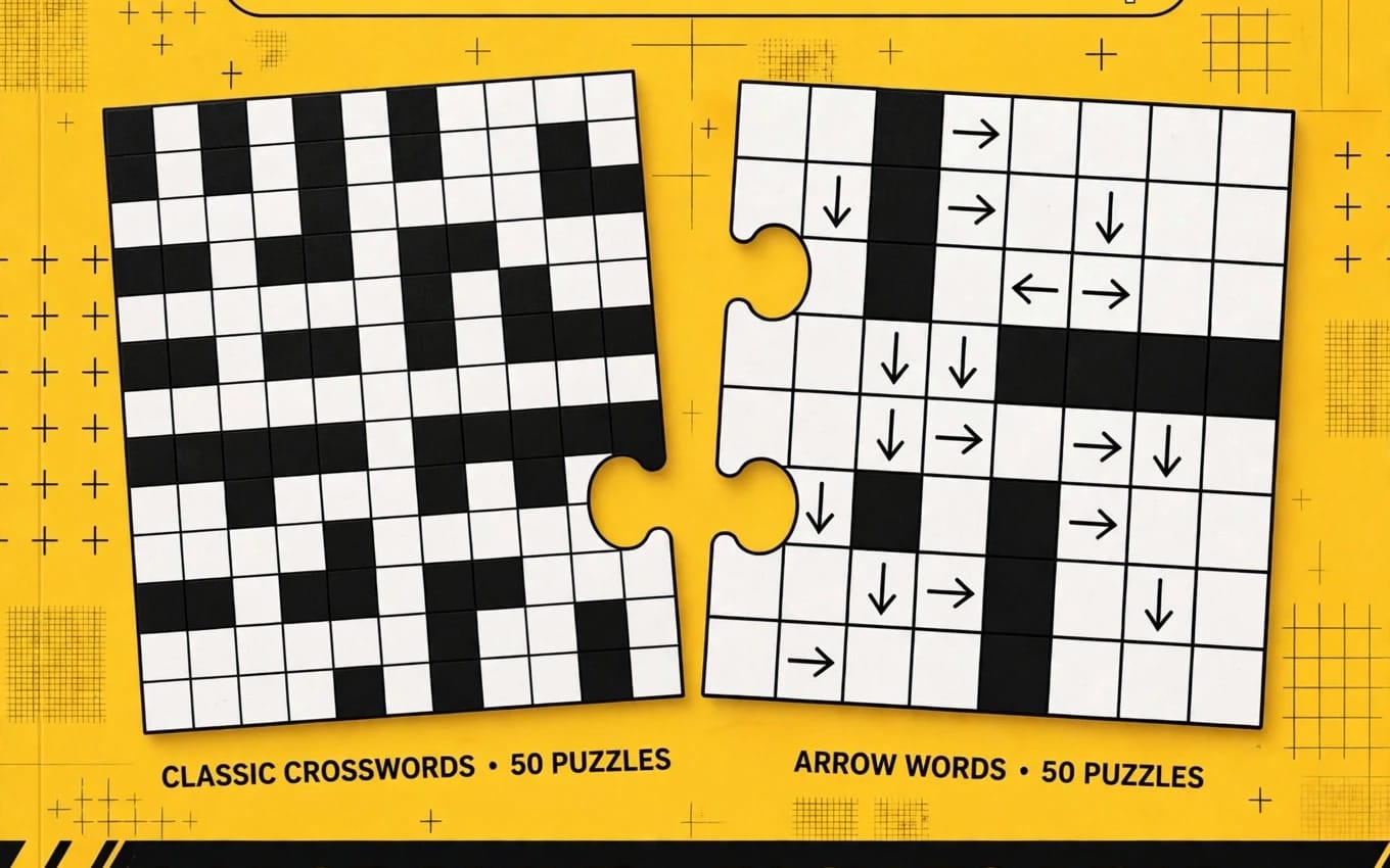 Large print crossword puzzle book page layout with classic and arrow word grids on yellow background