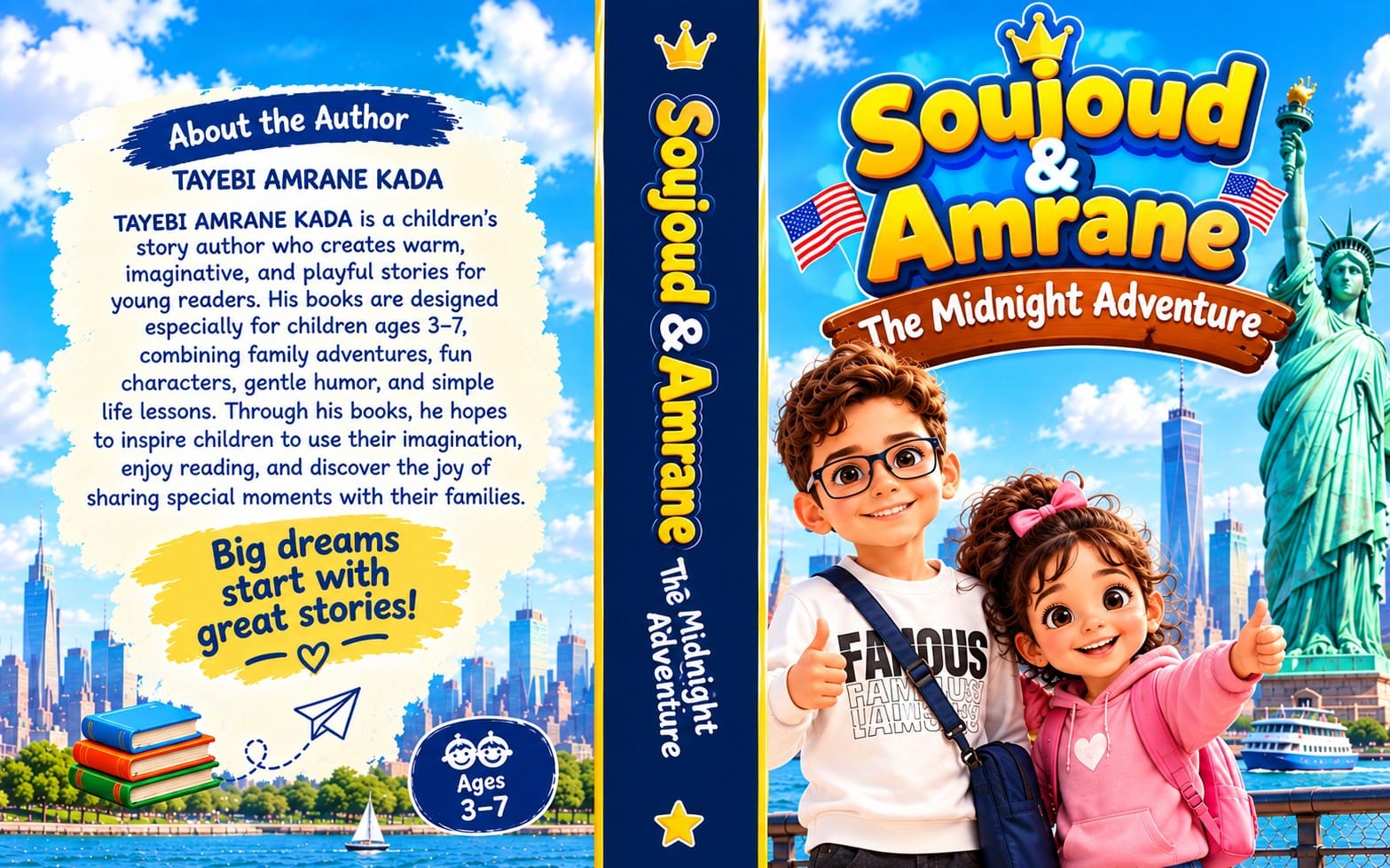 Childrenβs storybook cover Soujoud & Amrane The Midnight Adventure with kids, crowns, flags and New York skyline