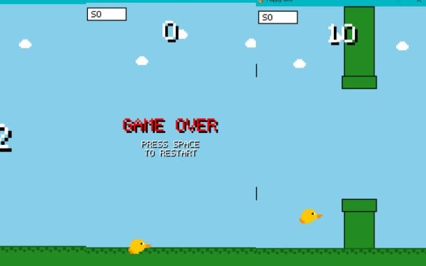Retro Flappy Bird style mobile game screenshot with blue sky, green pipes, bird character, and game over text