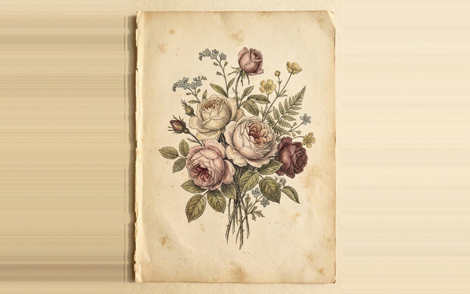 Vintage botanical rose bouquet print on aged paper background with pink and burgundy flowers for digital wall art