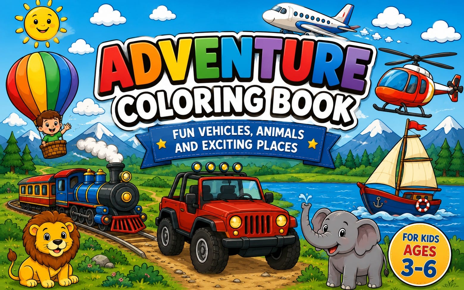 Children’s adventure coloring book cover with animals, vehicles, and landmarks in a sunny jungle scene
