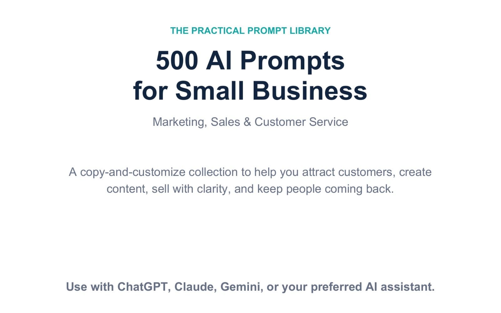 Marketing sales and customer service banner for 500 AI prompts for small business