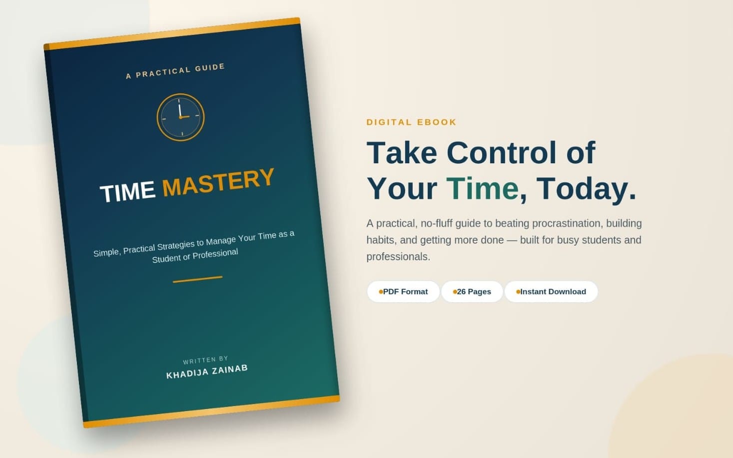 Digital ebook cover for Time Mastery with clock icon and title Take Control of Your Time Today