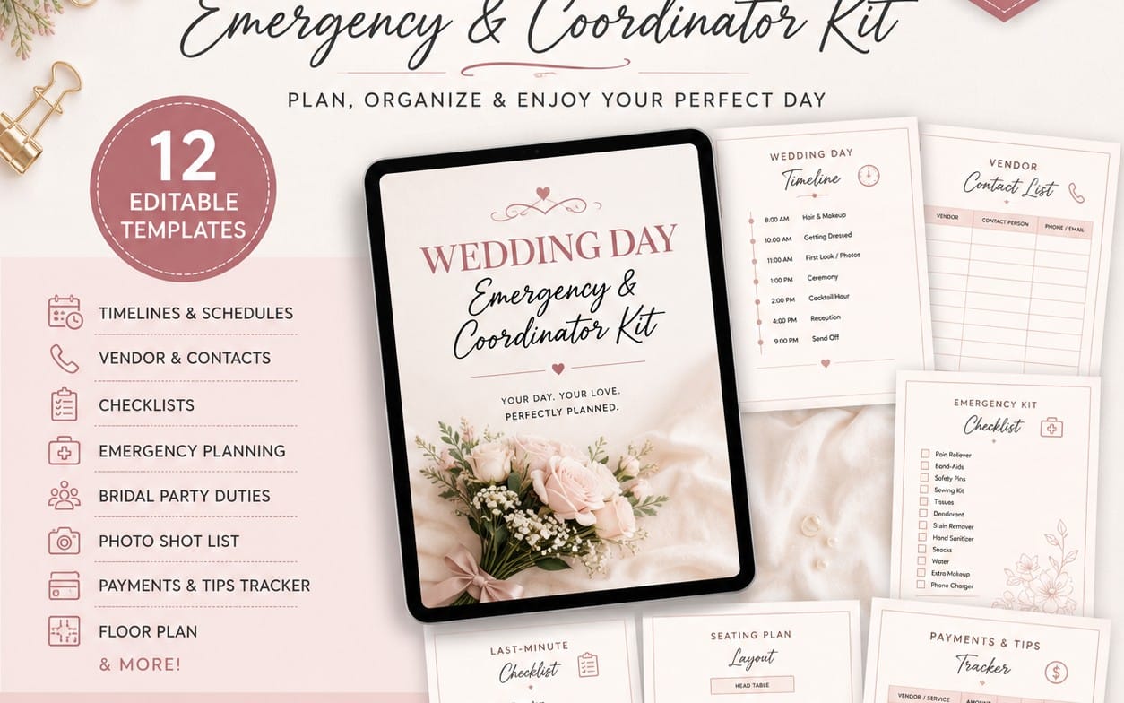 Editable wedding day Emergency & Coordinator Kit templates poster with timeline, checklists, and vendor contact sheets