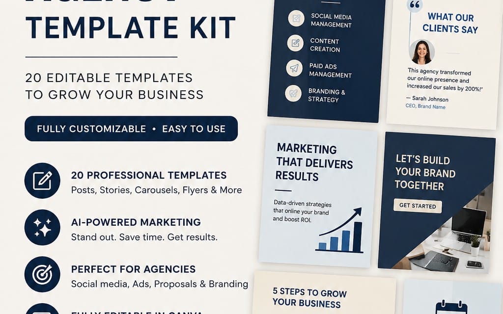 Marketing agency complete kit template graphic with editable AI marketing slides and icons showing posts and growth