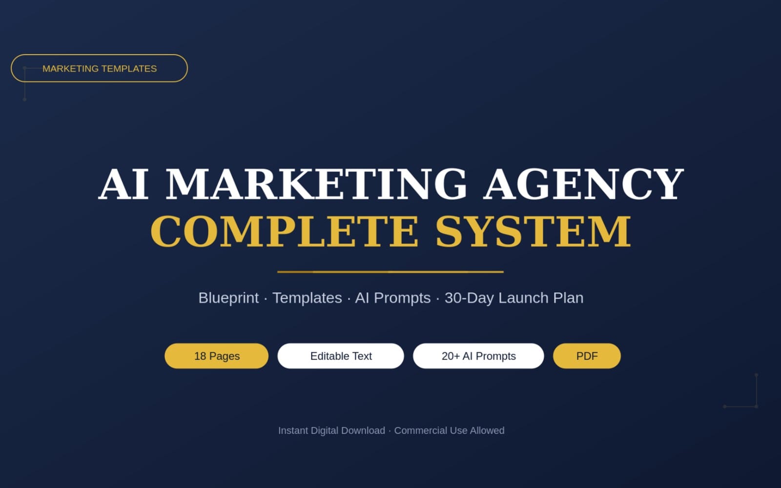 Blue promotional banner for an AI marketing agency complete system with headings, buttons, and template highlights