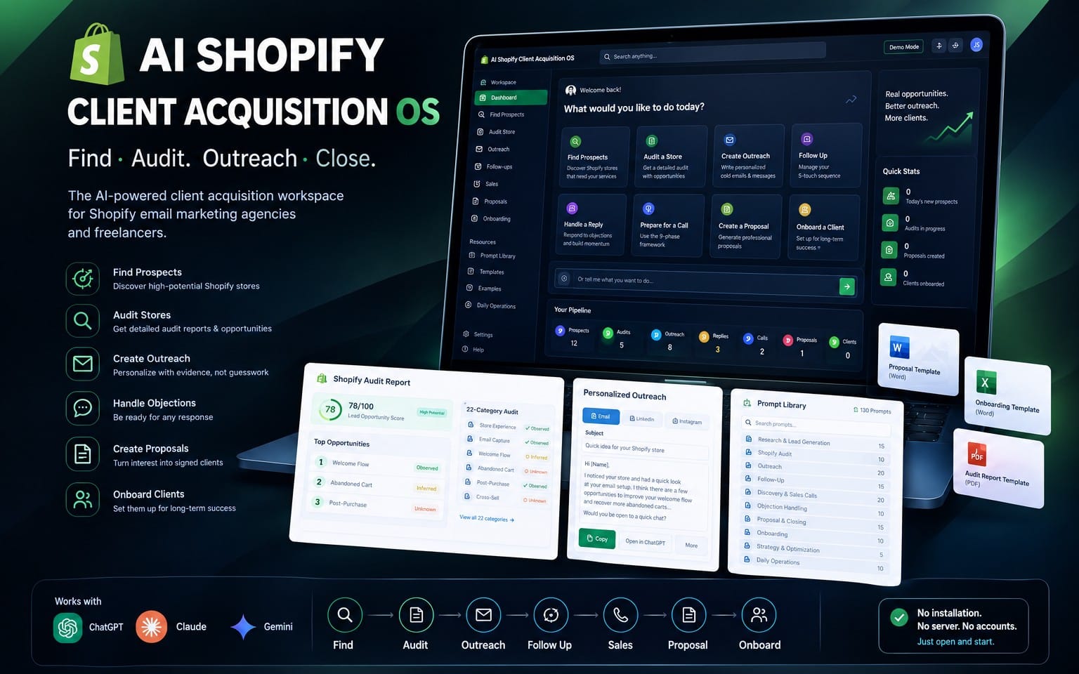 AI Shopify client acquisition OS v1.2 dashboard screenshot with outreach and audit workflow on a laptop display