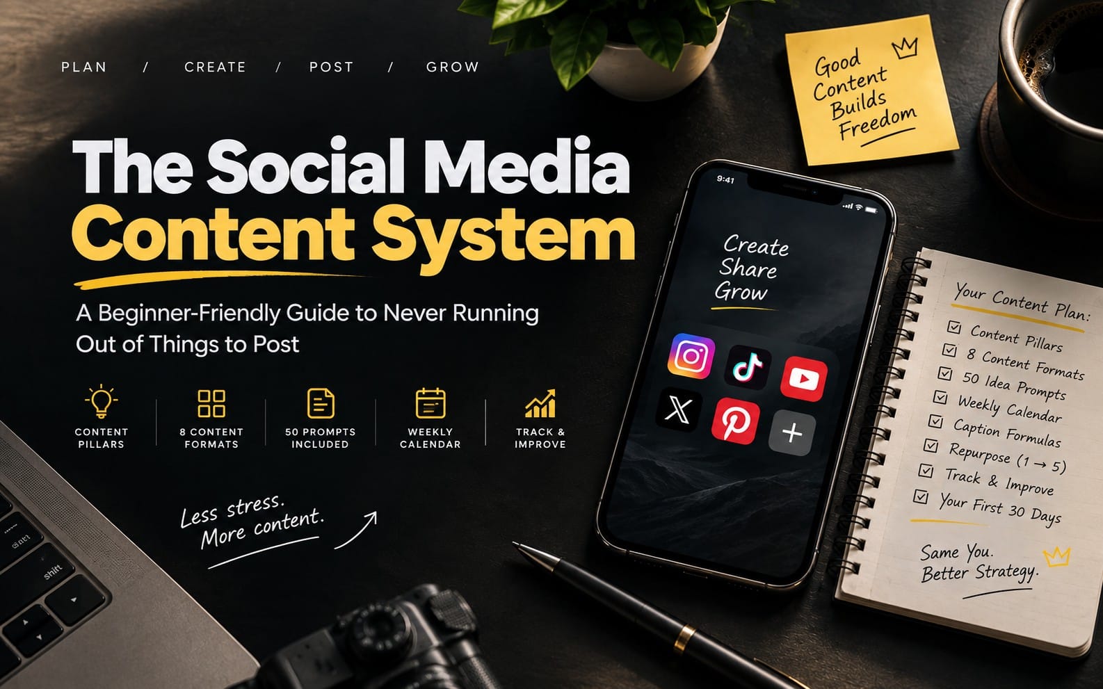 Promotional banner for a social media content system with smartphone showing social apps and a notebook plan on desk