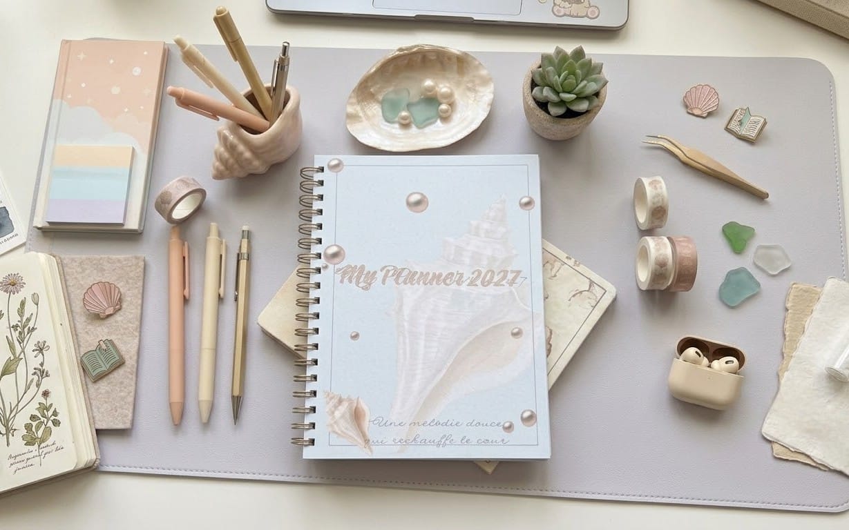 Flat lay of a spiral-bound pastel planner with stationery and decorative items on a desk