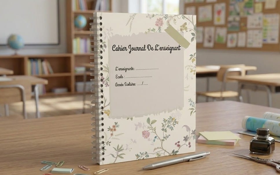 Cahier journal d’enseignant imprimable à couverture florale, avec pages à remplir pour suivi scolaire