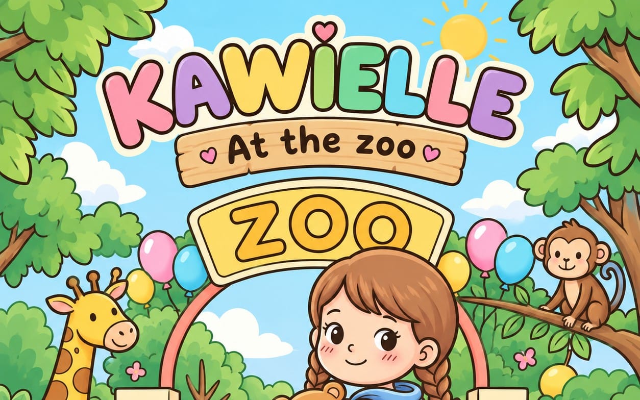 Kids coloring book cover for KAWIELLE, titled Kawaii At the Zoo, with animals, balloons, trees, and a cartoon child
