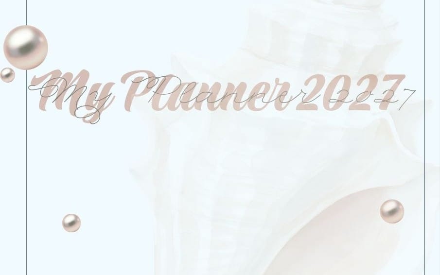 Decorative banner for 2027 New Year with cursive text and floating gold spheres over a light background