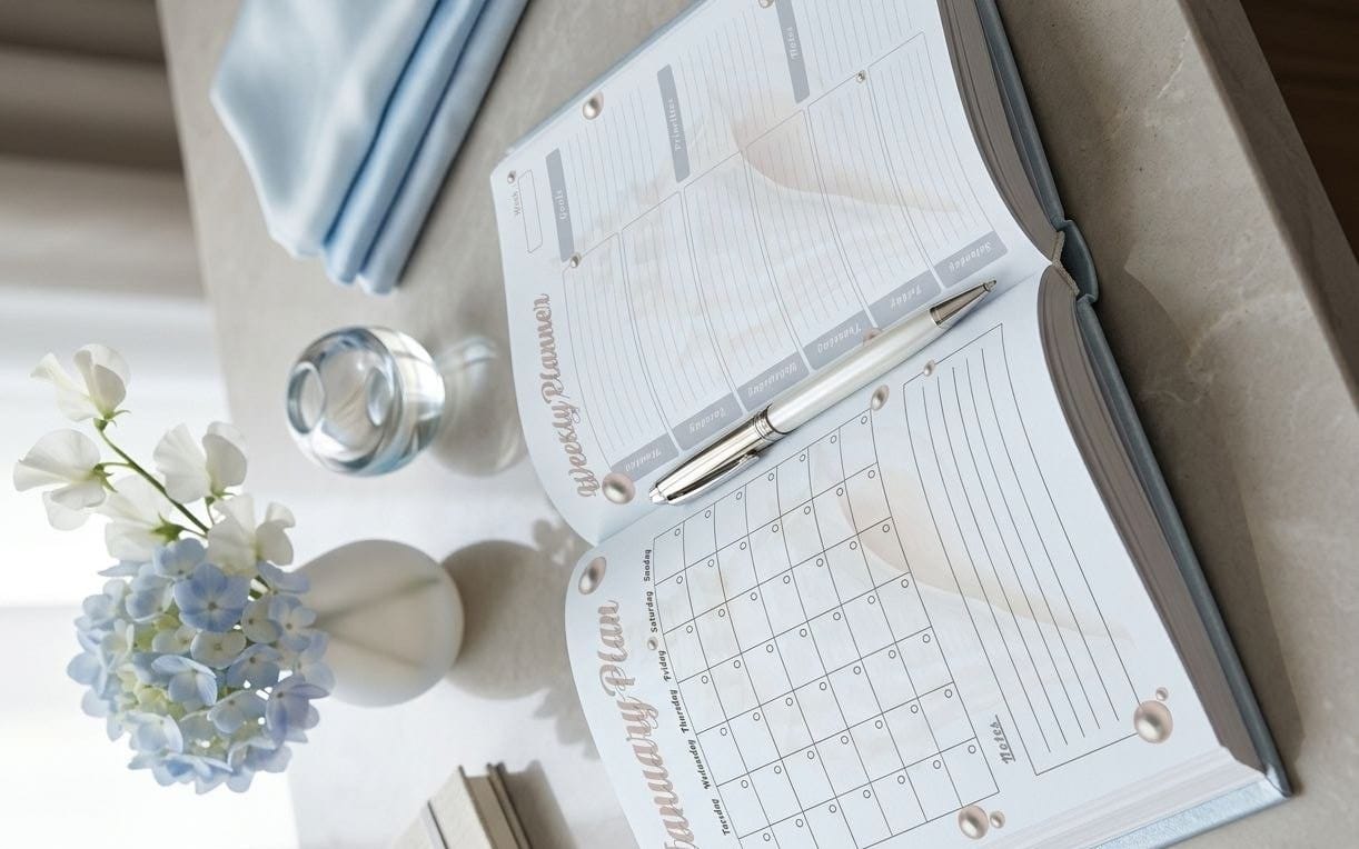Open printable planner pages with weekly and habit grids, shown on a desk with pen, flowers, and cup