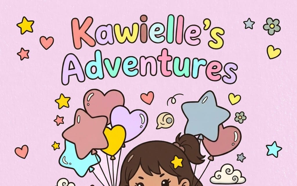 Kawielle’s Adventures coloring book cover with cute star and heart doodles and cartoon character illustration