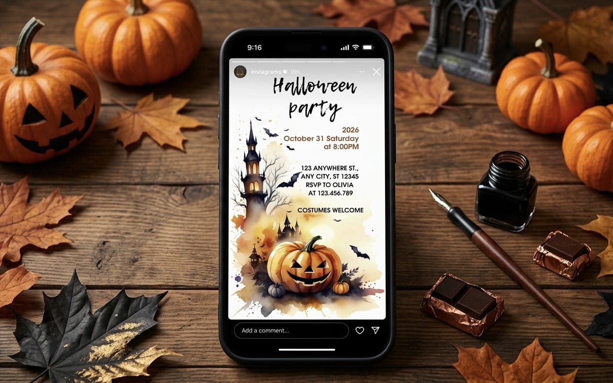 Halloween party Instagram story Canva template design on a smartphone over pumpkins and autumn leaves background