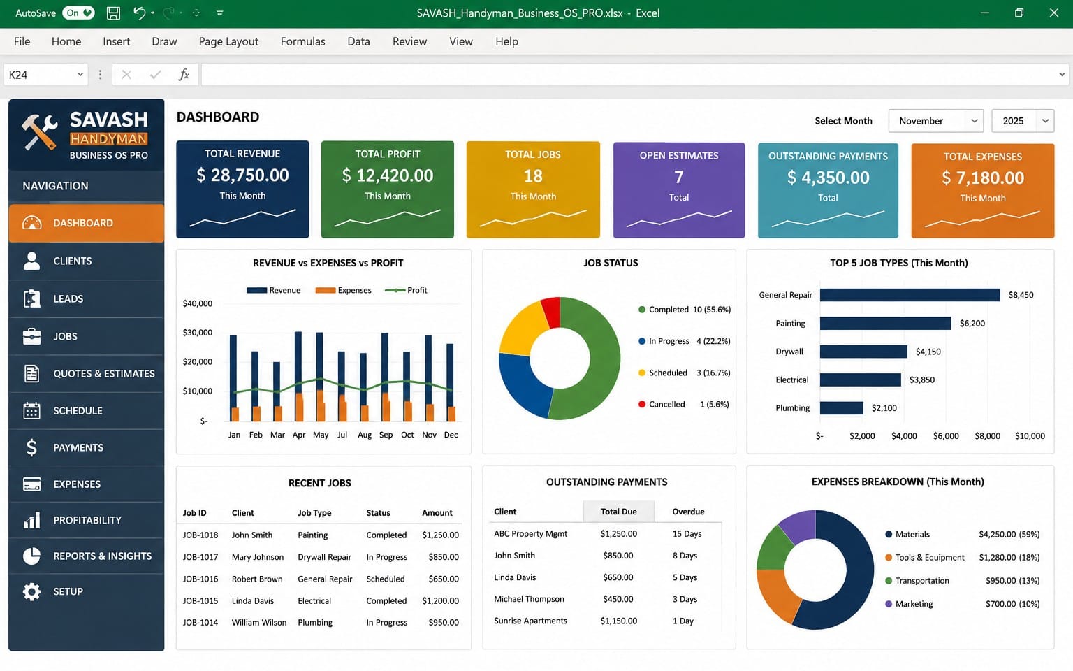 SAVASH Handyman Business OS PRO — All-in-One Excel Management System